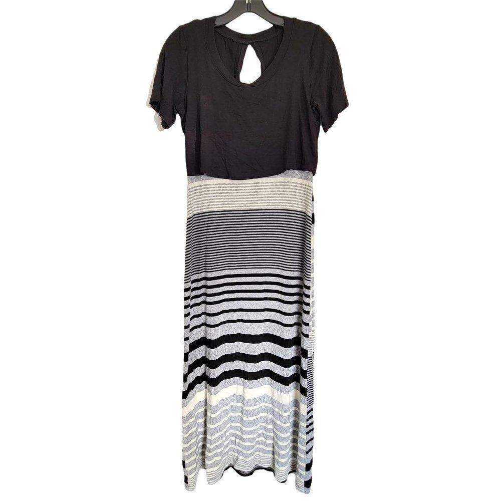 Hail3y:23 Stitch Fix Short Sleeve Black Gray Striped Maxi Jersey Dress Size XS